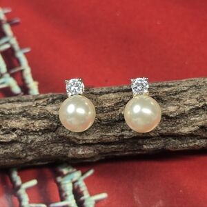 Elegant 8mm Pearl and Crystal Stud Earrings Set In Sterling Silver